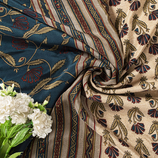 Sanskriti Vintage Cream Pure Crepe Silk Sari Floral Creeper Print Saree 5.5 Yard