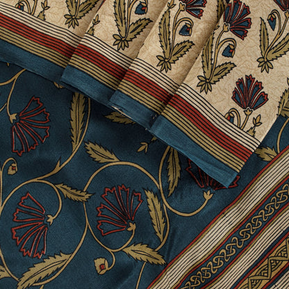Sanskriti Vintage Cream Pure Crepe Silk Sari Floral Creeper Print Saree 5.5 Yard
