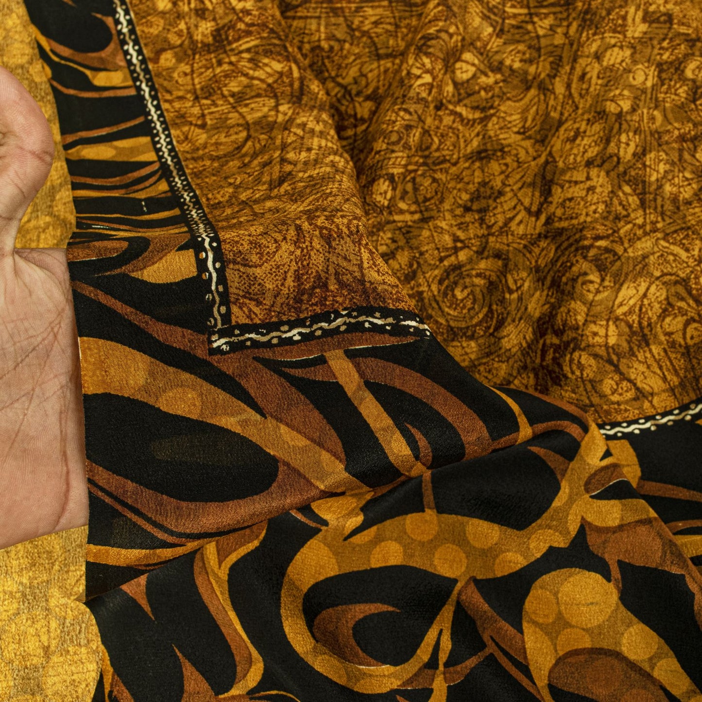 Sanskriti Vintage Saree Yellow Pure Crepe Silk Abstract Print Sari 5.5+Yd Fabric
