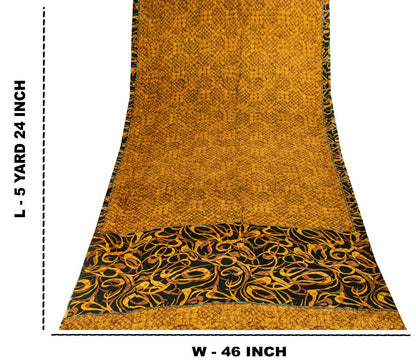 Sanskriti Vintage Saree Yellow Pure Crepe Silk Abstract Print Sari 5.5+Yd Fabric