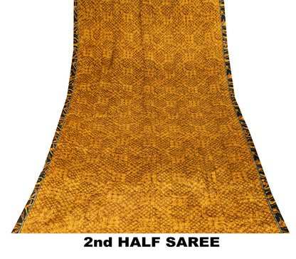 Sanskriti Vintage Saree Yellow Pure Crepe Silk Abstract Print Sari 5.5+Yd Fabric