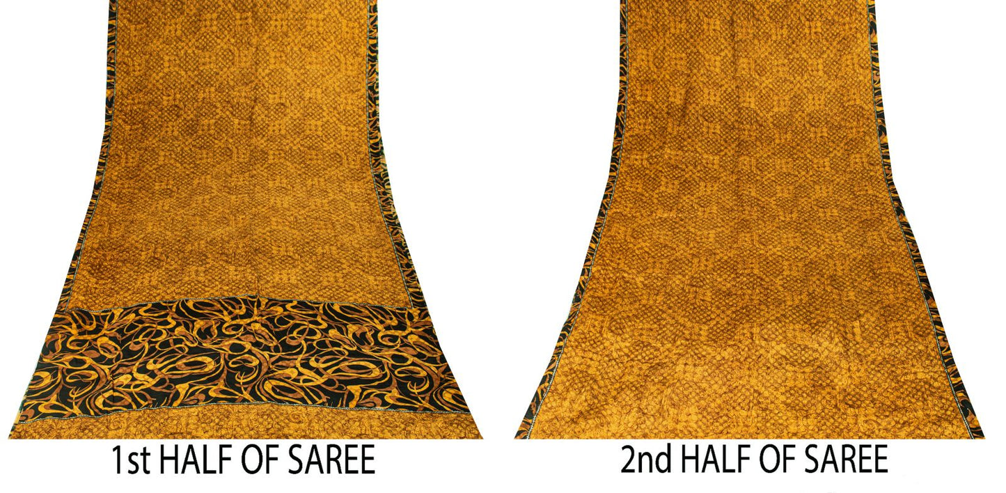 Sanskriti Vintage Saree Yellow Pure Crepe Silk Abstract Print Sari 5.5+Yd Fabric