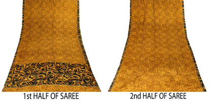 Sanskriti Vintage Saree Yellow Pure Crepe Silk Abstract Print Sari 5.5+Yd Fabric