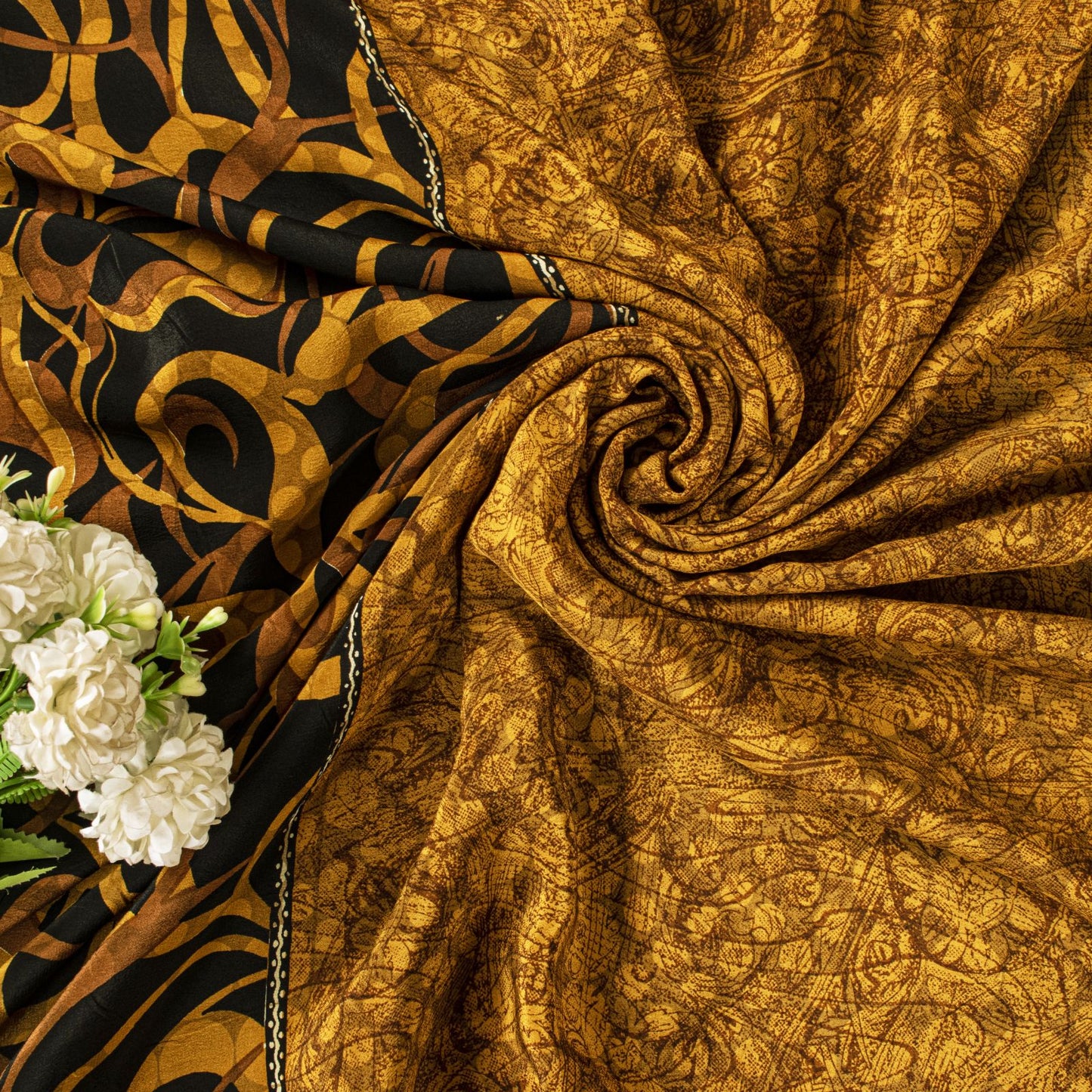 Sanskriti Vintage Saree Yellow Pure Crepe Silk Abstract Print Sari 5.5+Yd Fabric