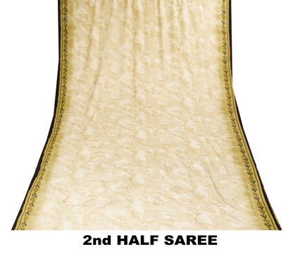 Sanskriti Vintage Cream Pure Crepe Silk Saree Floral Strip Printed 5.5 Yard Sari
