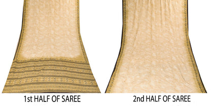Sanskriti Vintage Cream Pure Crepe Silk Saree Floral Strip Printed 5.5 Yard Sari