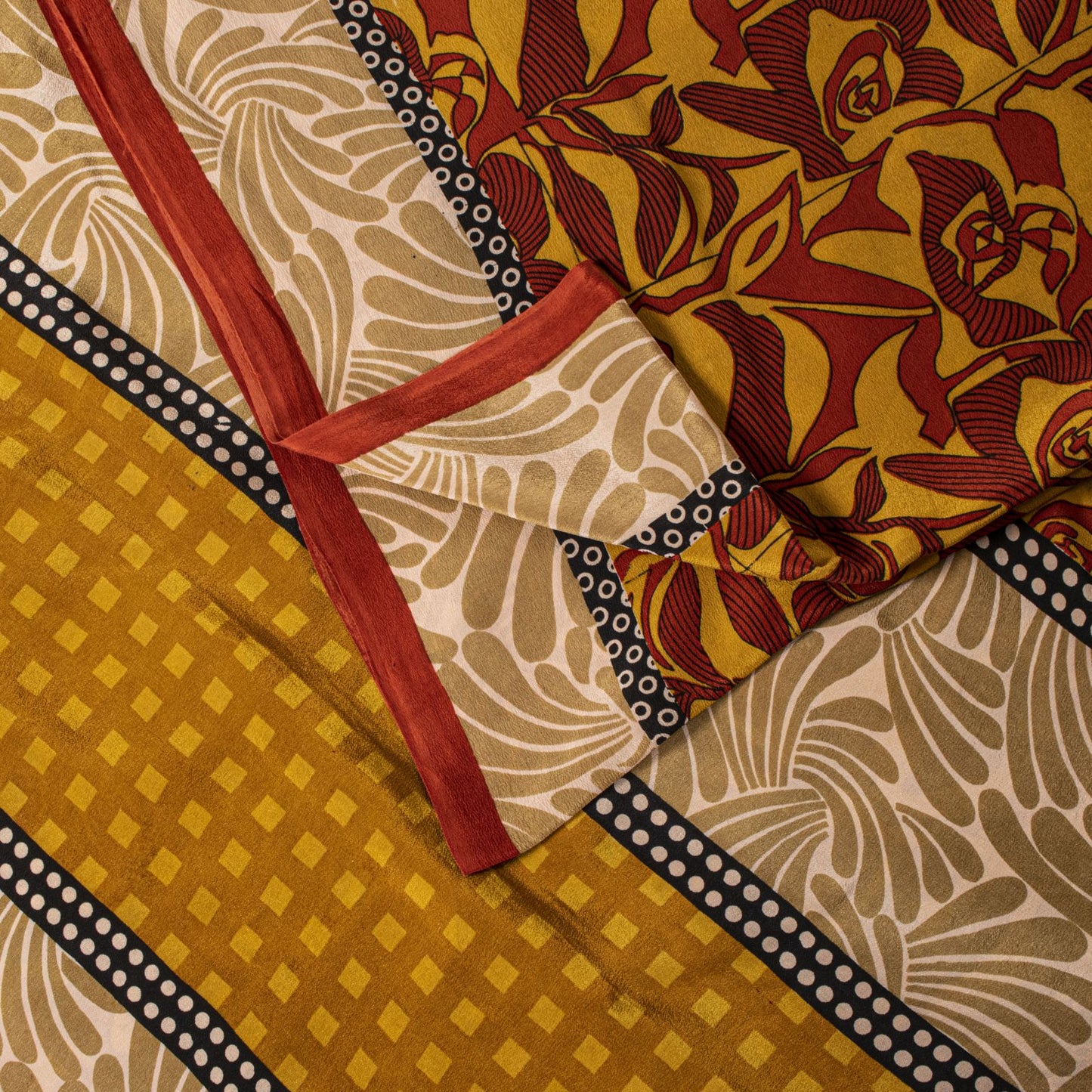 Sanskriti Vintage Yellow Pure Crepe Silk Saree Abstract Floral Print Sari 5.5Yd