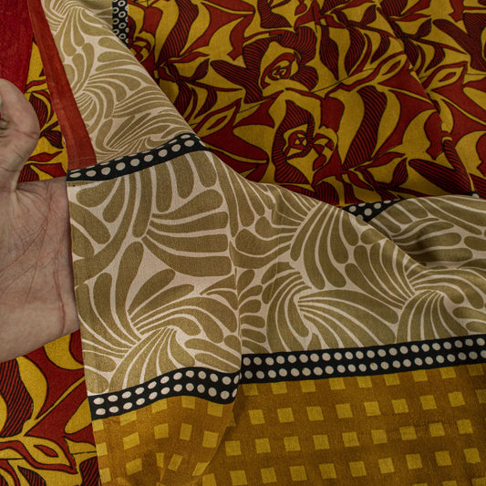 Sanskriti Vintage Yellow Pure Crepe Silk Saree Abstract Floral Print Sari 5.5Yd