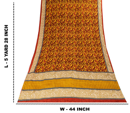 Sanskriti Vintage Yellow Pure Crepe Silk Saree Abstract Floral Print Sari 5.5Yd