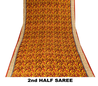 Sanskriti Vintage Yellow Pure Crepe Silk Saree Abstract Floral Print Sari 5.5Yd