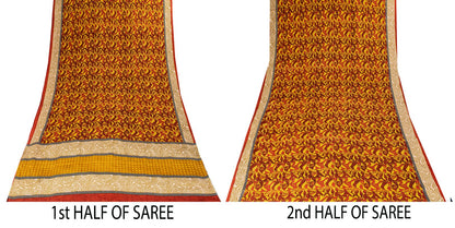 Sanskriti Vintage Yellow Pure Crepe Silk Saree Abstract Floral Print Sari 5.5Yd