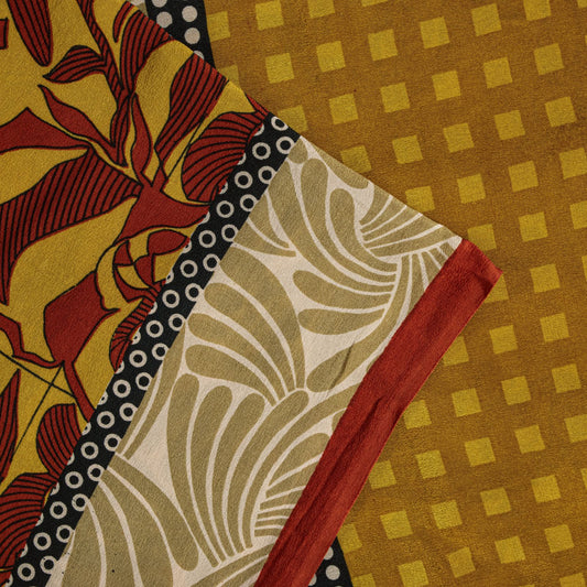 Sanskriti Vintage Yellow Pure Crepe Silk Saree Abstract Floral Print Sari 5.5Yd