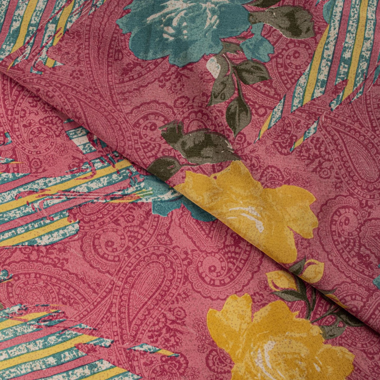 Sanskriti Vintage Pink Pure Crepe Silk Saree Floral Paisley Printed Sari 5.5Yard