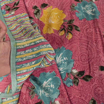 Sanskriti Vintage Pink Pure Crepe Silk Saree Floral Paisley Printed Sari 5.5Yard
