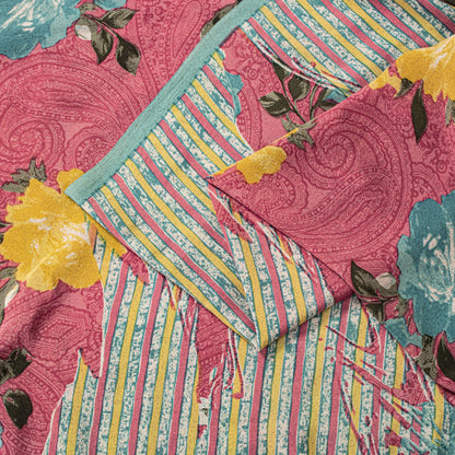 Sanskriti Vintage Pink Pure Crepe Silk Saree Floral Paisley Printed Sari 5.5Yard