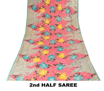 Sanskriti Vintage Pink Pure Crepe Silk Saree Floral Paisley Printed Sari 5.5Yard