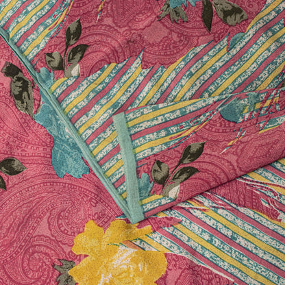 Sanskriti Vintage Pink Pure Crepe Silk Saree Floral Paisley Printed Sari 5.5Yard
