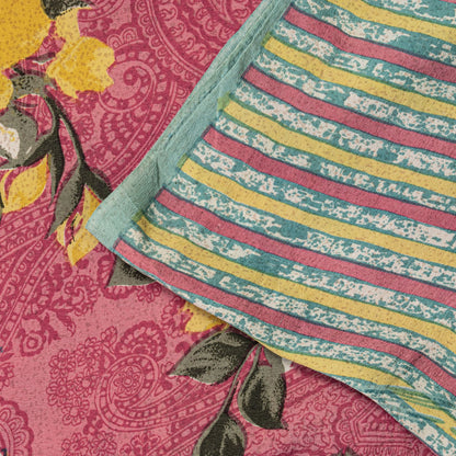 Sanskriti Vintage Pink Pure Crepe Silk Saree Floral Paisley Printed Sari 5.5Yard