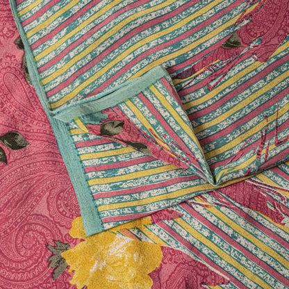 Sanskriti Vintage Pink Pure Crepe Silk Saree Floral Paisley Printed Sari 5.5Yard