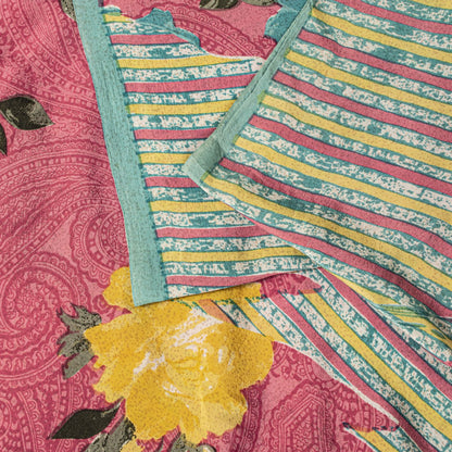 Sanskriti Vintage Pink Pure Crepe Silk Saree Floral Paisley Printed Sari 5.5Yard