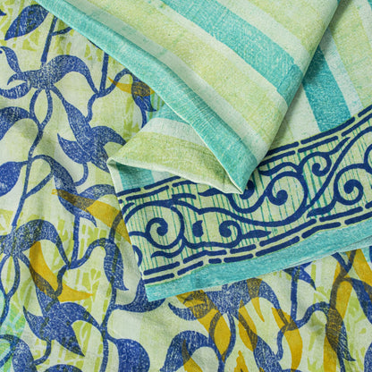 Sanskriti Vintage Saree Blue 100% Pure Crepe Silk Leaf Print Sari 5.5+Yd Fabric