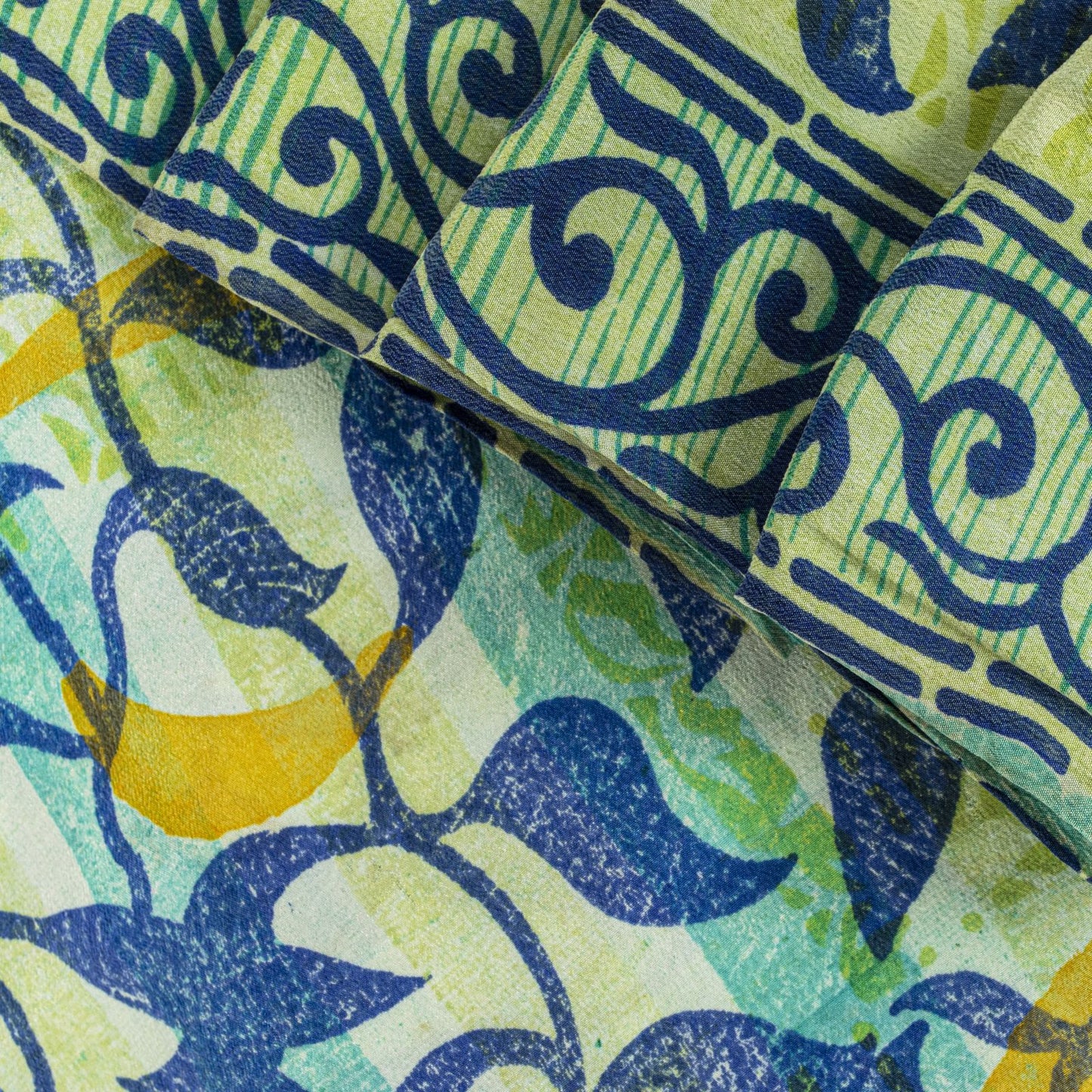 Sanskriti Vintage Saree Blue 100% Pure Crepe Silk Leaf Print Sari 5.5+Yd Fabric