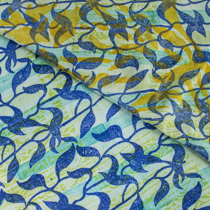 Sanskriti Vintage Saree Blue 100% Pure Crepe Silk Leaf Print Sari 5.5+Yd Fabric