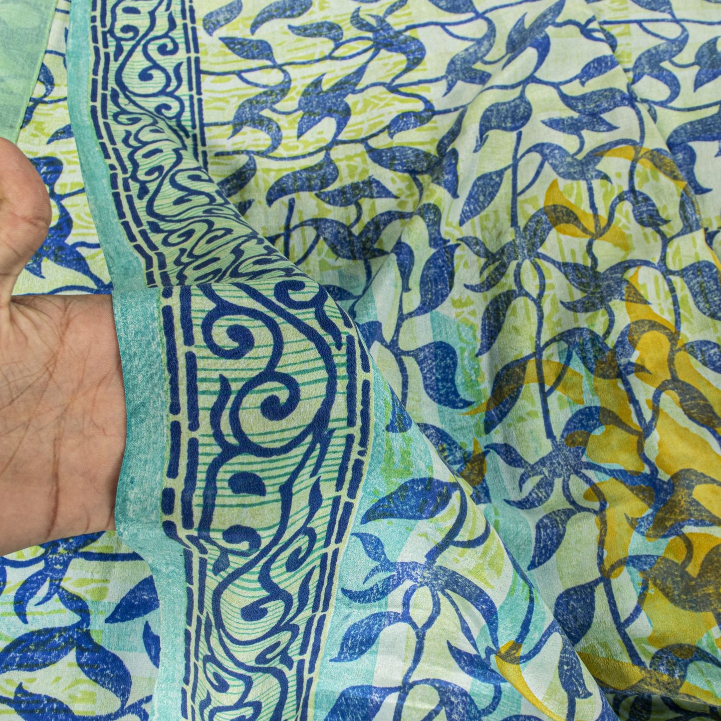 Sanskriti Vintage Saree Blue 100% Pure Crepe Silk Leaf Print Sari 5.5+Yd Fabric