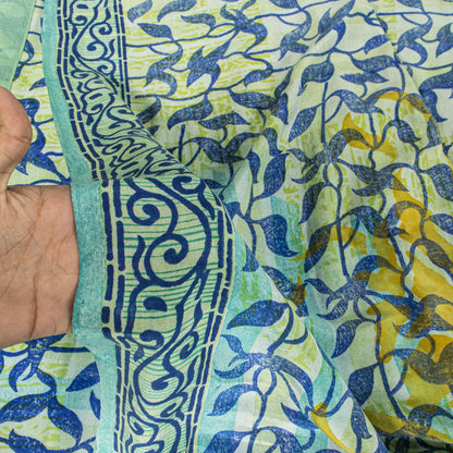 Sanskriti Vintage Saree Blue 100% Pure Crepe Silk Leaf Print Sari 5.5+Yd Fabric
