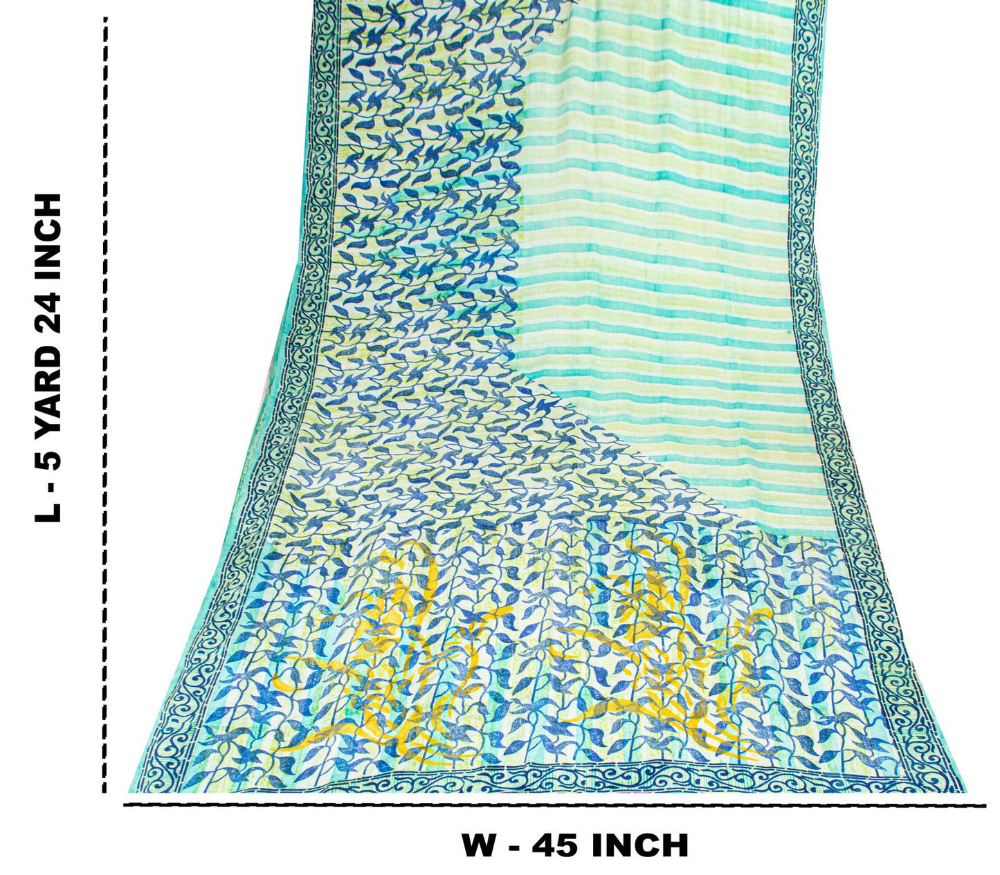 Sanskriti Vintage Saree Blue 100% Pure Crepe Silk Leaf Print Sari 5.5+Yd Fabric