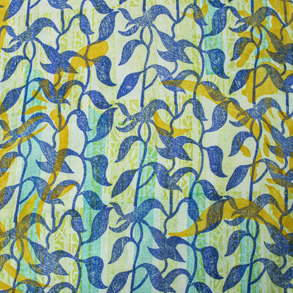 Sanskriti Vintage Saree Blue 100% Pure Crepe Silk Leaf Print Sari 5.5+Yd Fabric