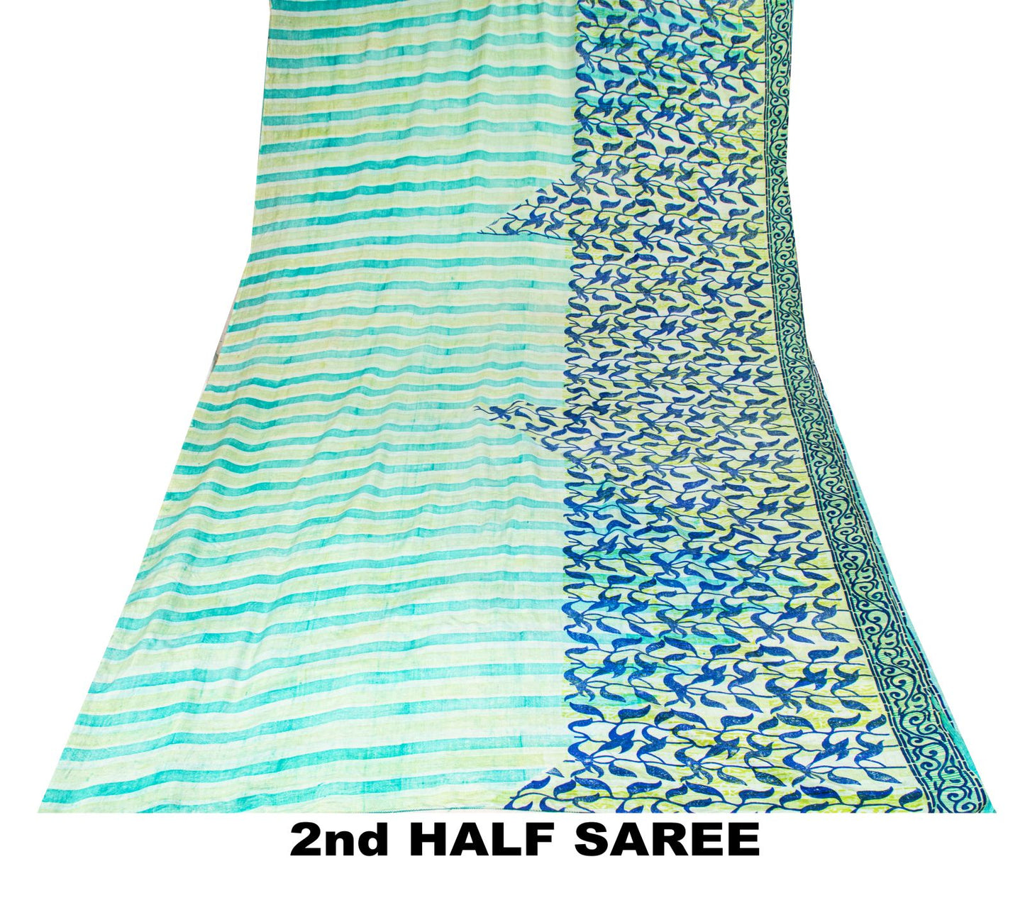 Sanskriti Vintage Saree Blue 100% Pure Crepe Silk Leaf Print Sari 5.5+Yd Fabric