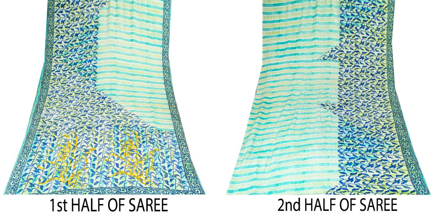 Sanskriti Vintage Saree Blue 100% Pure Crepe Silk Leaf Print Sari 5.5+Yd Fabric