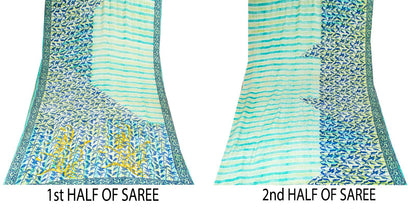 Sanskriti Vintage Saree Blue 100% Pure Crepe Silk Leaf Print Sari 5.5+Yd Fabric