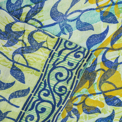Sanskriti Vintage Saree Blue 100% Pure Crepe Silk Leaf Print Sari 5.5+Yd Fabric