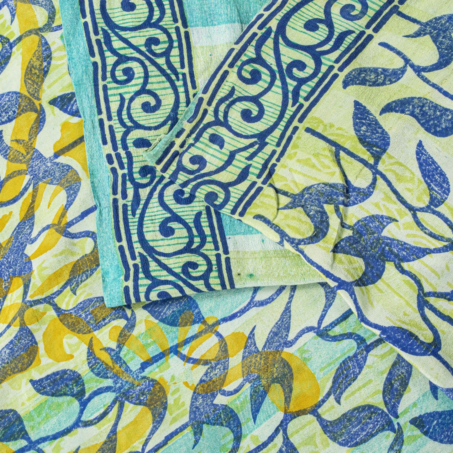 Sanskriti Vintage Saree Blue 100% Pure Crepe Silk Leaf Print Sari 5.5+Yd Fabric