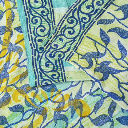 Sanskriti Vintage Saree Blue 100% Pure Crepe Silk Leaf Print Sari 5.5+Yd Fabric