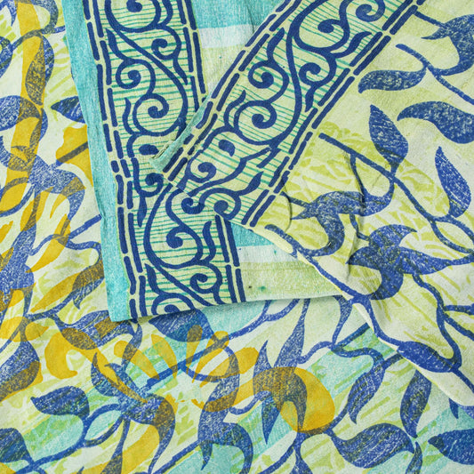 Sanskriti Vintage Saree Blue 100% Pure Crepe Silk Leaf Print Sari 5.5+Yd Fabric