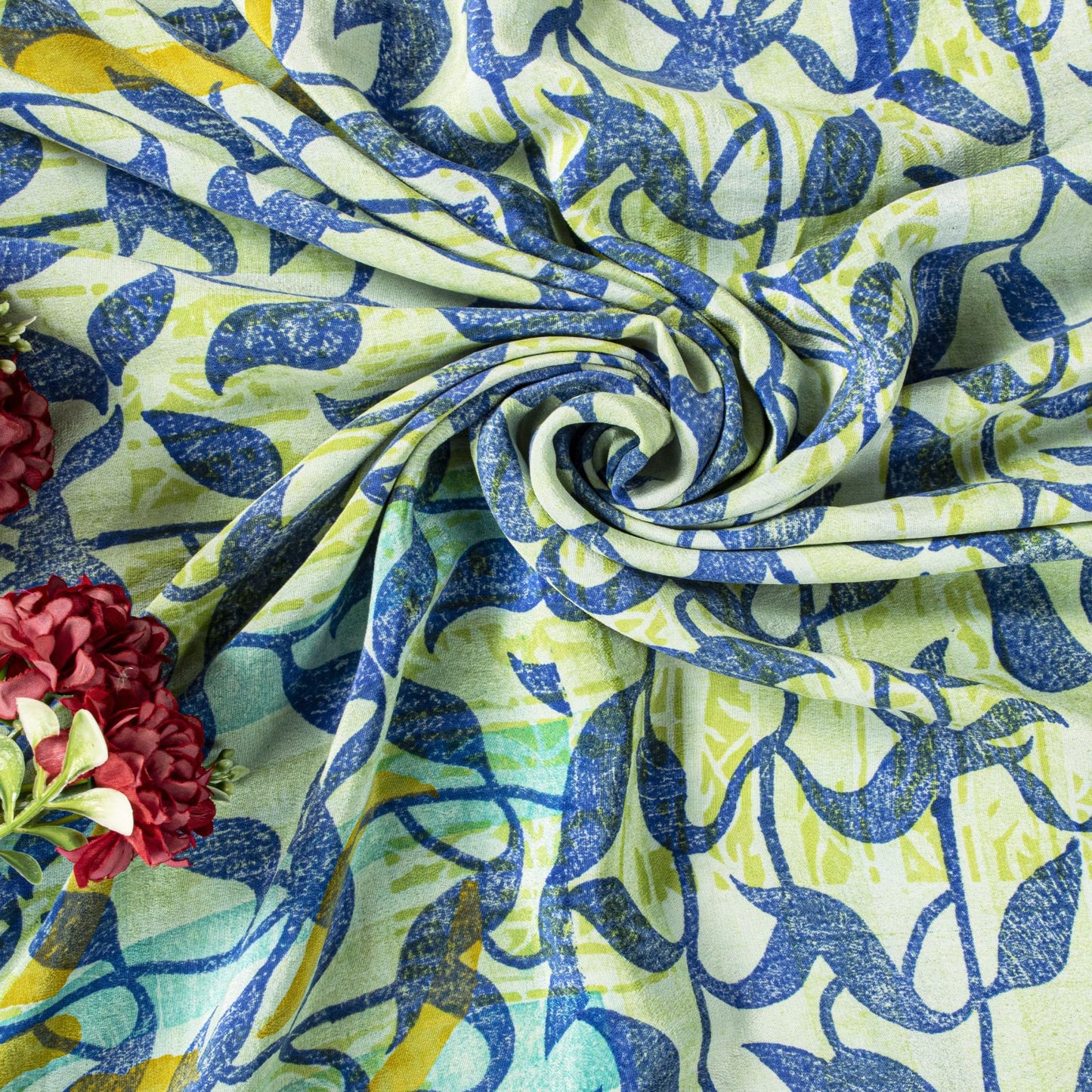 Sanskriti Vintage Saree Blue 100% Pure Crepe Silk Leaf Print Sari 5.5+Yd Fabric