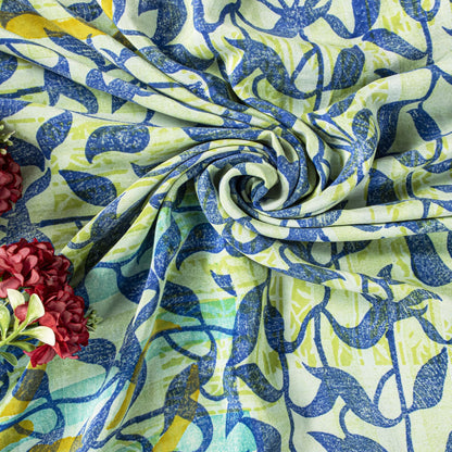 Sanskriti Vintage Saree Blue 100% Pure Crepe Silk Leaf Print Sari 5.5+Yd Fabric