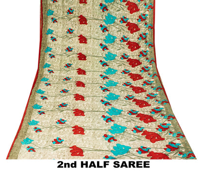 Sanskriti Vintage Saree Peach Pure Crepe Floral Digital Print Sari 5.5+Yd Fabric