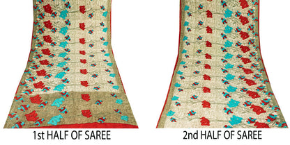 Sanskriti Vintage Saree Peach Pure Crepe Floral Digital Print Sari 5.5+Yd Fabric