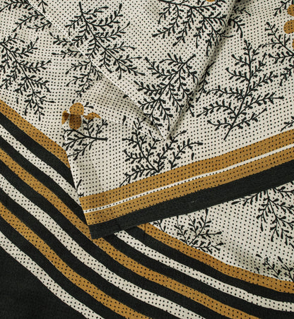 Sanskriti Vintage Saree Cream-Black Pure Crepe Floral Printed Sari 5.5+Yd Fabric