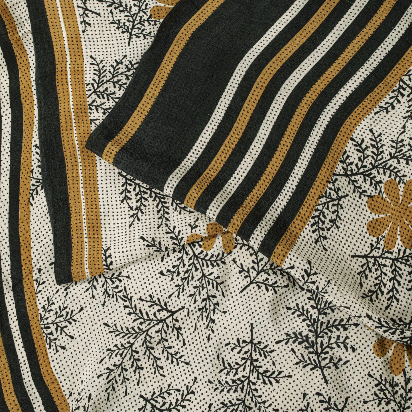 Sanskriti Vintage Saree Cream-Black Pure Crepe Floral Printed Sari 5.5+Yd Fabric