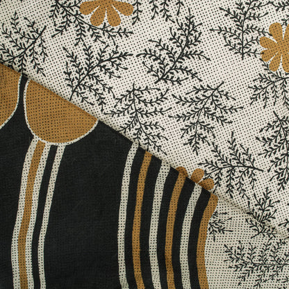 Sanskriti Vintage Saree Cream-Black Pure Crepe Floral Printed Sari 5.5+Yd Fabric