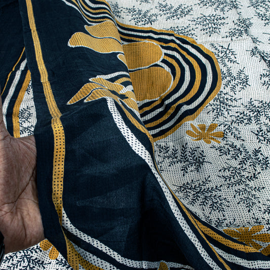 Sanskriti Vintage Saree Cream-Black Pure Crepe Floral Printed Sari 5.5+Yd Fabric