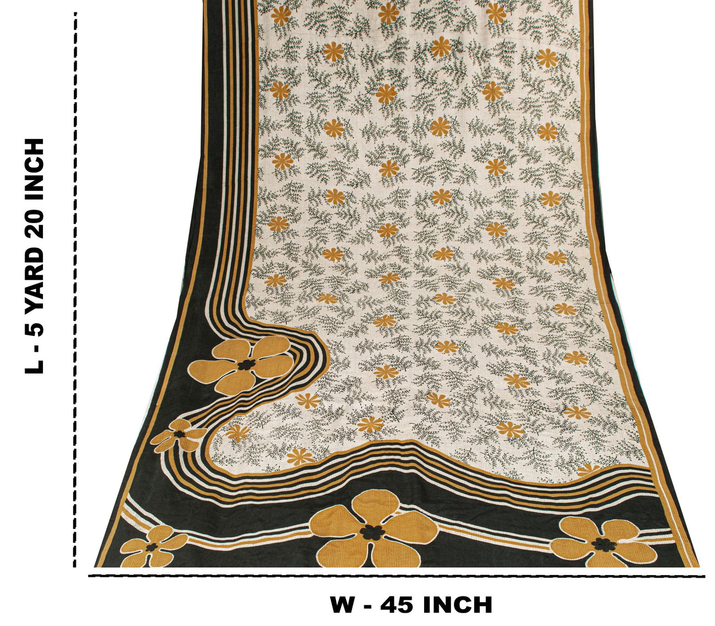 Sanskriti Vintage Saree Cream-Black Pure Crepe Floral Printed Sari 5.5+Yd Fabric
