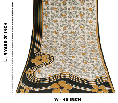 Sanskriti Vintage Saree Cream-Black Pure Crepe Floral Printed Sari 5.5+Yd Fabric