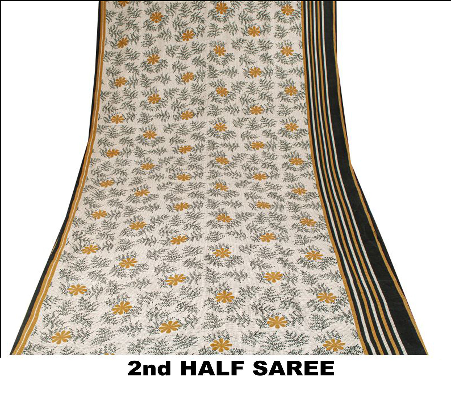 Sanskriti Vintage Saree Cream-Black Pure Crepe Floral Printed Sari 5.5+Yd Fabric
