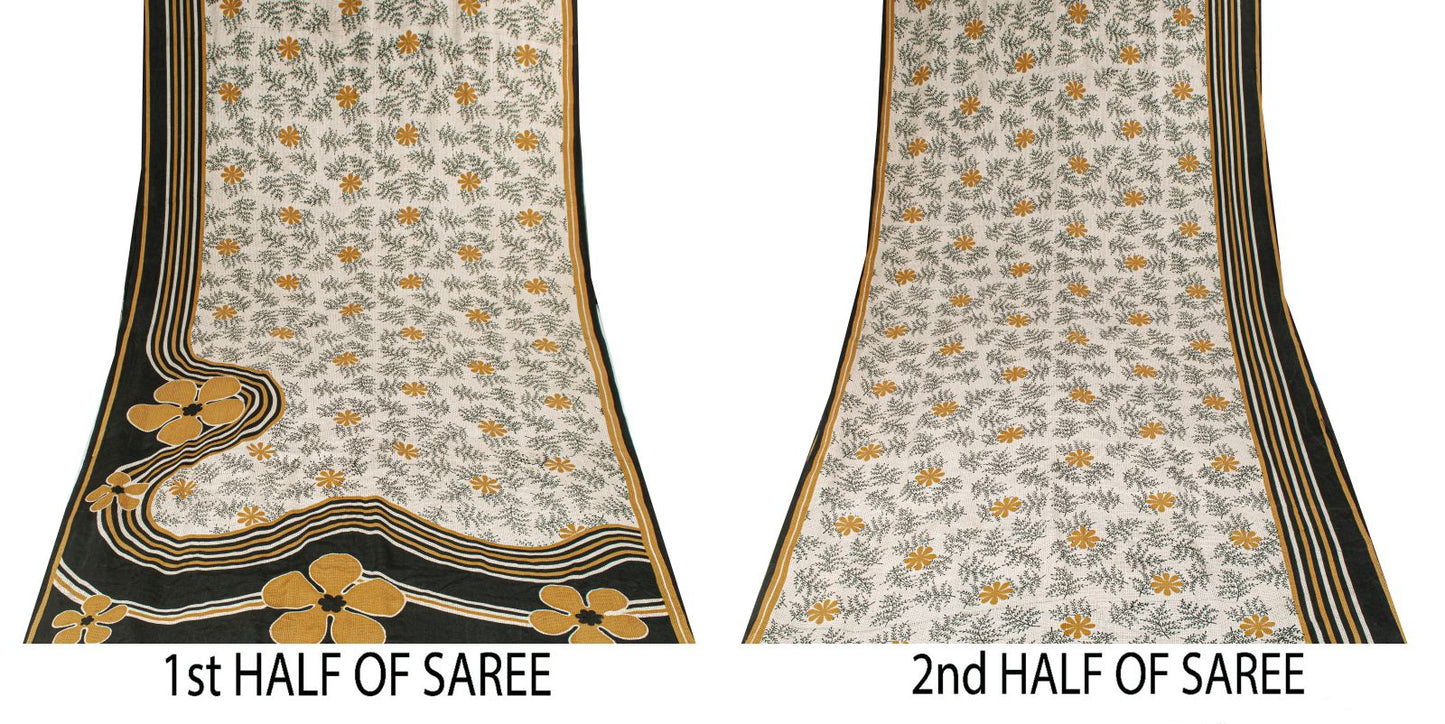 Sanskriti Vintage Saree Cream-Black Pure Crepe Floral Printed Sari 5.5+Yd Fabric